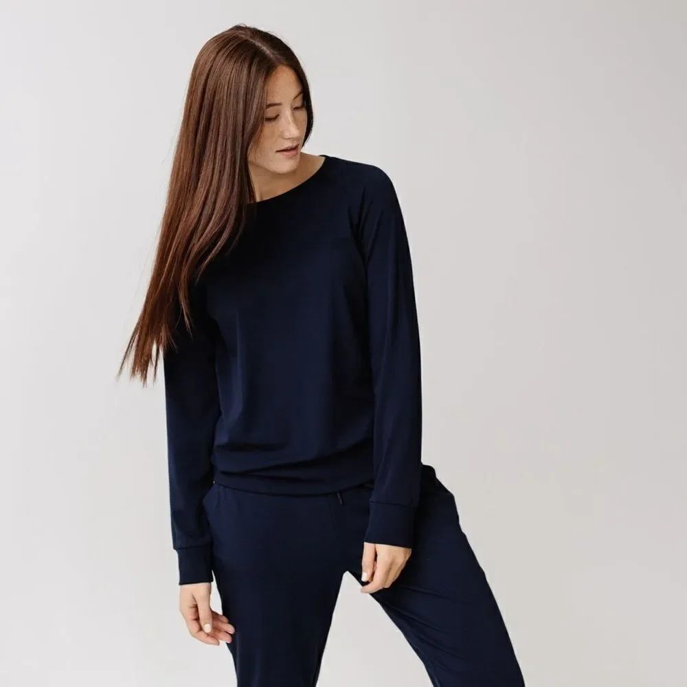 Cozy Earth Women's Ultra-Soft Bamboo Pullover Crew - Navy Large